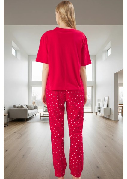 2'li Kadın Pijama Takımı Pamuklu Regular Kalıp Kalpli Desen Profesyonel Görünüm