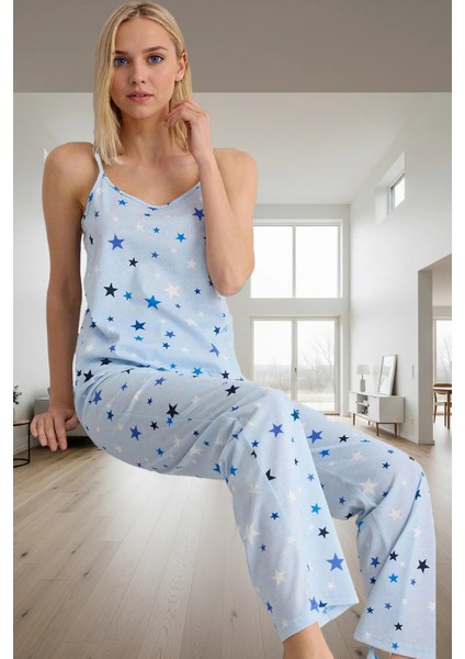 Yıldız Desenli Ince Askılı Pijama Takımı %52 Polyester %48 Pamuk Rahat Kalıp Yüksek Kalite fiyatları
