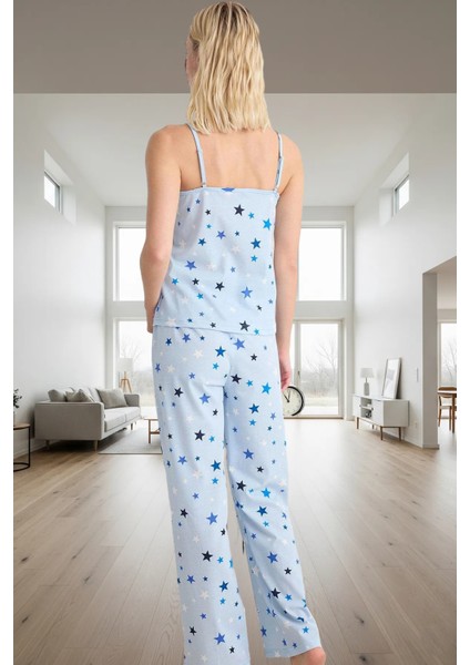 Yıldız Desenli Ince Askılı Pijama Takımı %52 Polyester %48 Pamuk Rahat Kalıp Yüksek Kalite modelleri