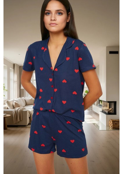 Rahat ve Şık Pamuklu Pijama Takımı Kalpli Desen 2 Parça Yaz Mevsimi Kullanım