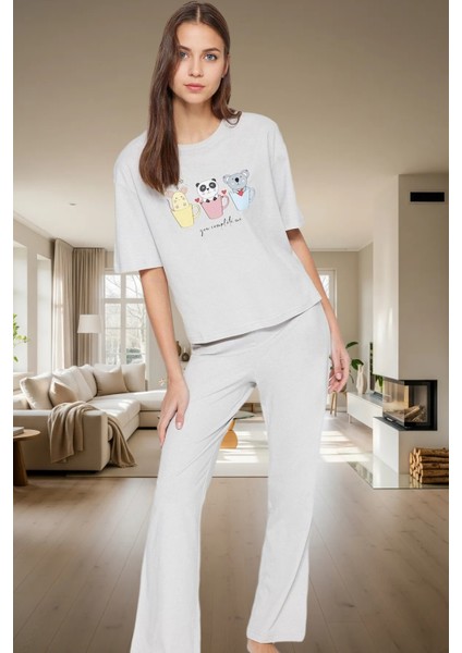 Eğlenceli Baskılı Homewear Pijama Takımı %100 Pamuk Rahat Kesim Modern Stil Kullanım