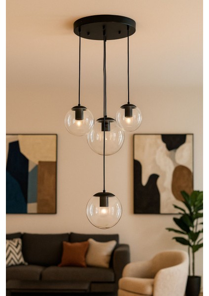 Pigaro 4 Lü Şeffaf Camlı Salon Oturma Odası Modern Sarkıt Avize - (Siyah Kasa)