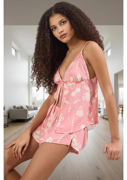 Çiçekli Desenli Shally Viskon Pijama Takımı Ince Askılı Regular Kalıp Yazlık Trend Tasarım