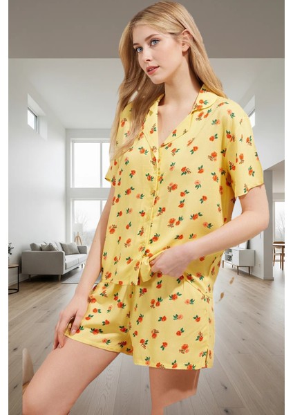Yazlık Dokuma Viskoz Pijama Takımı Çiçek Desenli Yırtmaçlı Şort ve Gömlek Konforlu Kesim fiyatları