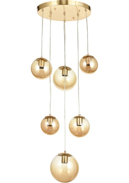 Pigaro 6 lı Bal Renk Camlı Salon Oturma Odası Modern Sarkıt Avize - (Gold Kaplama)