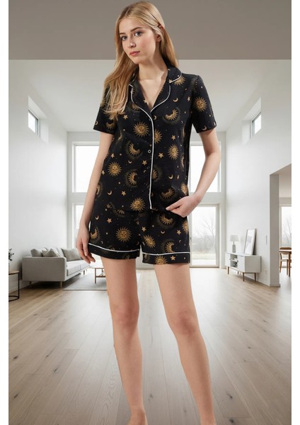 Yazlık Örme Pijama Takımı Galaksi Desenli Pamuklu Konfor Konforlu Kesim Uzun Ömürlü