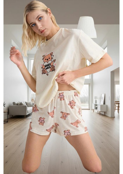 Ayıcıklı Desenli %100 Pamuk Pijama Takımı Uyku Bandı Şort Regular Kalıp Konforlu Kesim