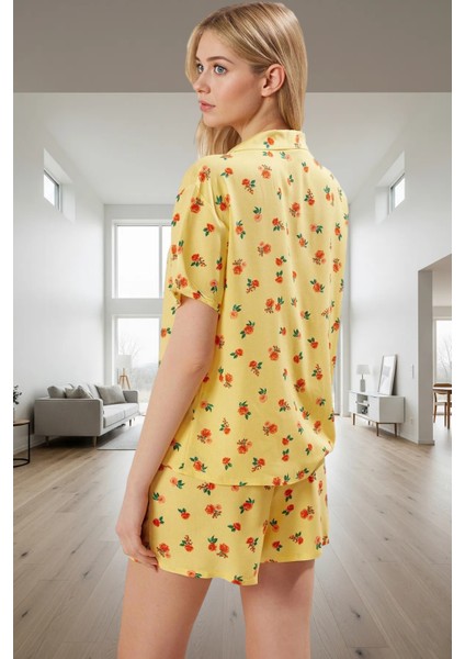 Yazlık Dokuma Viskoz Pijama Takımı Çiçek Desenli Yırtmaçlı Şort ve Gömlek Konforlu Kesim modelleri