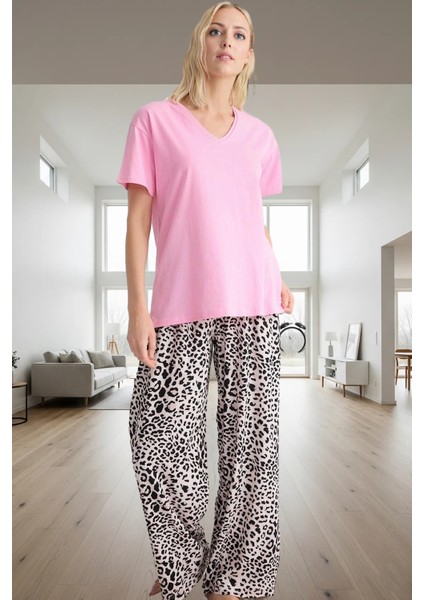 Rahat Pamuklu Leopar Desenli Pijama Takımı V Yaka Kısa Kollu Ev Giyim Seti Günlük Kullanım Için fiyatları