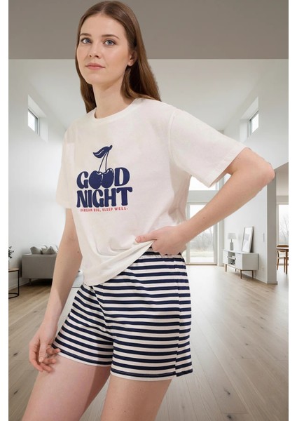 Kadın %100 Pamuk Örme Pijama Bisiklet Yaka Kiraz Baskılı Yazlık Şortlu Kaliteli Işçilik