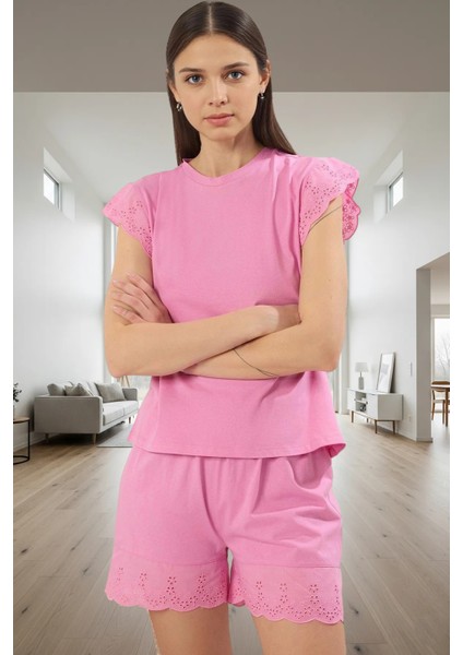 Yaz Için Pamuklu Brodeli Pijama Takımı Şortlu Regular Trend Tasarım Dayanıklı Malzeme