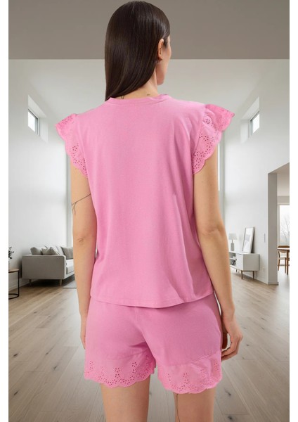Yaz Için Pamuklu Brodeli Pijama Takımı Şortlu Regular Trend Tasarım Dayanıklı Malzeme modelleri