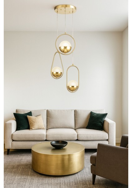 Serra 3'lü Akrilik Toplu Salon Oturma Odası Modern Sarkıt Avize - Gold Kaplama