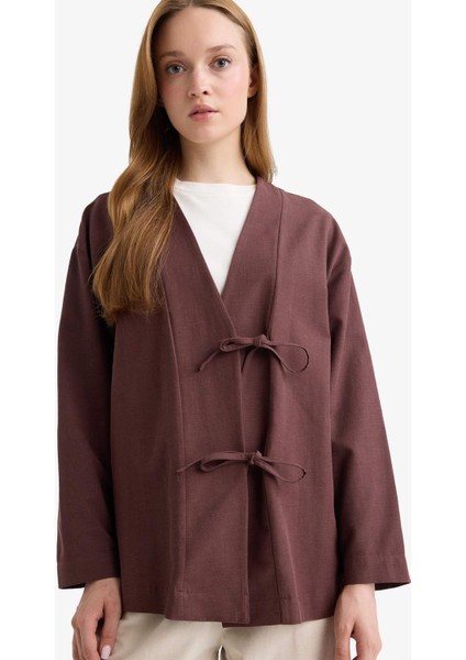 Regular Fit V Yaka Keten Karışımlı Kimono F7958AX25AU