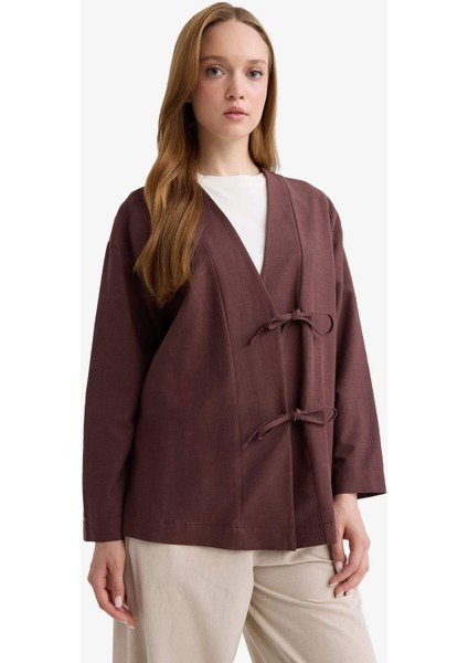 Regular Fit V Yaka Keten Karışımlı Kimono F7958AX25AU fırsatları