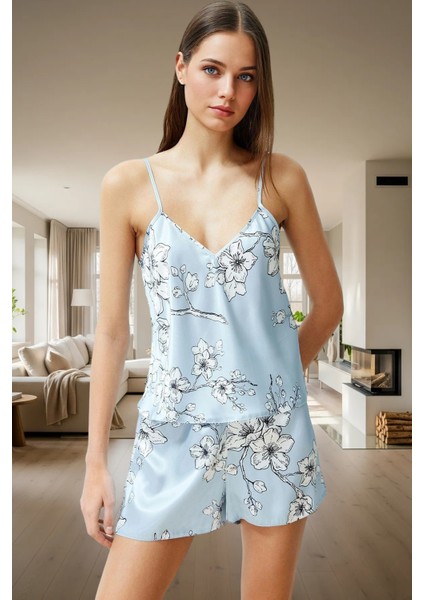 Yazlık Çok Çiçekli Pijama Takımı Saten Kumaş V Yaka Kolsuz Regular Modern Stil