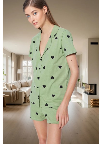 Kısa Kollu Pamuklu Pijama Takımı Kalpli Desenli Regular Kalıp Yazlık Ev Giyim Özenle Seçilmiş fiyatları