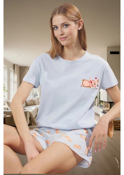 Yazlık Homewear Pijama Takımı Hayvan Desenli Örme Şortlu Takım Özenle Seçilmiş