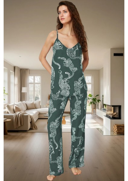 Ince Askılı Viskoz Pijama Geniş Paça ve V Yaka Tasarım Seçkin Malzeme Özenle Seçilmiş