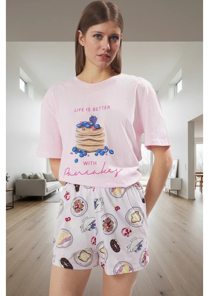 Pamuklu Pijama Takımı Mantar Desenli Şort ve Tişört Rahat Şık Günlük Kullanım Için
