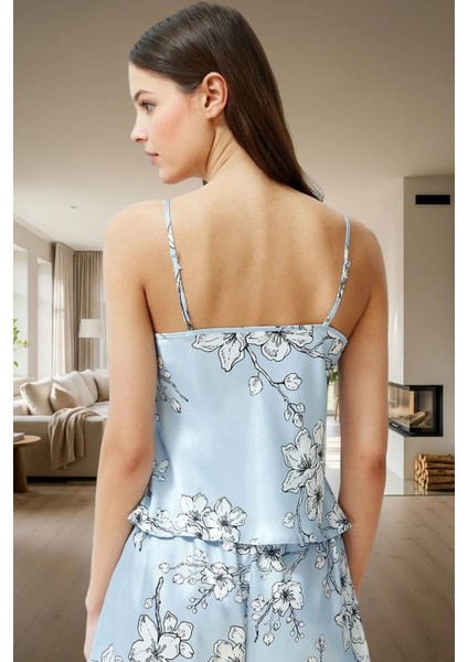 Yazlık Çok Çiçekli Pijama Takımı Saten Kumaş V Yaka Kolsuz Regular Modern Stil modelleri