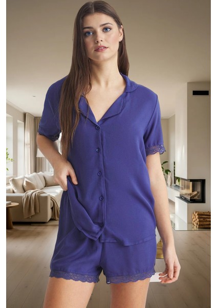 Shally Dokuma Viskon Pijama Dantelli Yazlık Rahat Modern Stil Şık Görünüm Mükemmel Uyum