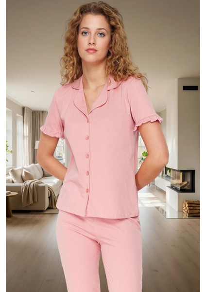 Şık Leopar Desenli Pamuklu Pijama Takımı Fırfır Detaylı Rahat Kesim Trend Tasarım fiyatları