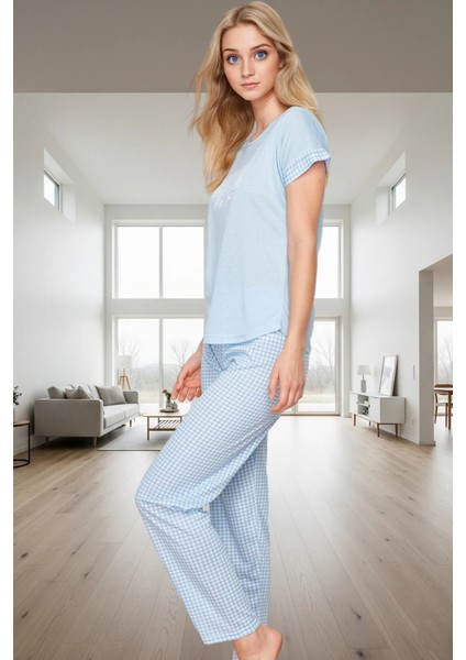 Ekose Örme Pijama Takımı Nefes Alan Rahat Boru Paça Seçkin Malzeme