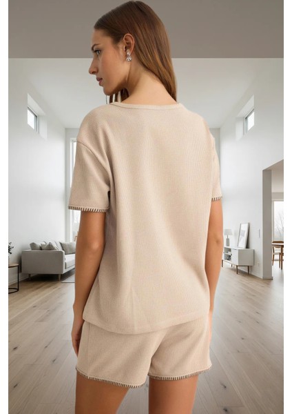 Rahat Yazlık Pijama Takımı Waffle Kumaş Karyoka Dikişli 2li Günlük Kullanım Için Modern Stil modelleri