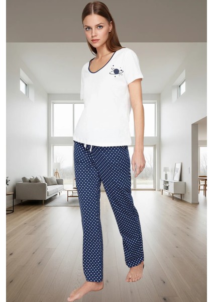 2'li Pijama Takımı Nefes Alan Pamuk Kumaş Puantiyeli Desen Regular Kalıp Tüm Sezon Modern Stil