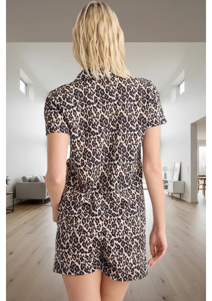 Rahat Yazlık Pijama Takımı Leopar Desen Örme Kumaş Şortlu 100% Polyester Modern Stil Şık Görünüm modelleri