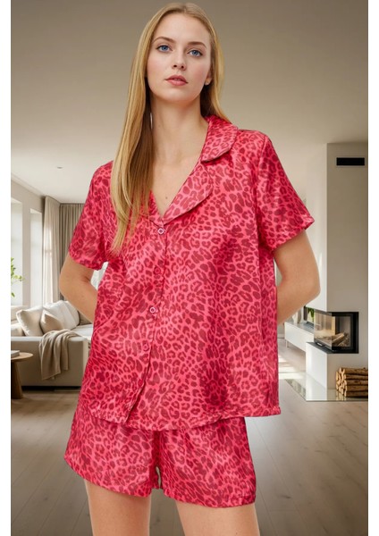 Rahat Yazlık Pijama Takımı Leopar Desenli Saten Şortlu Gömlek Premium Kalite Şık Görünüm fiyatları