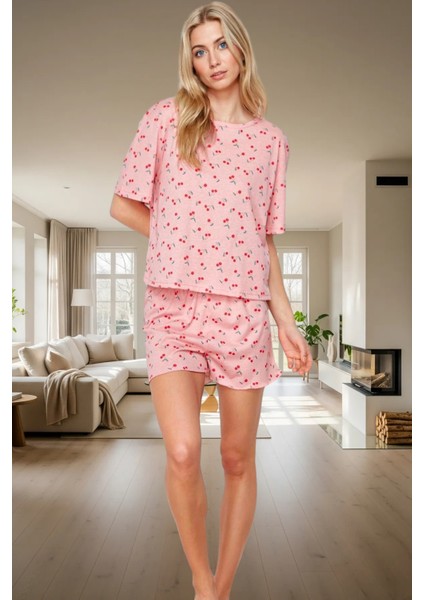 Yazlık Pamuklu Pijama Takımı 2'li Çok Kiraz Desenli Regular Kalıp Rahat ve Şık