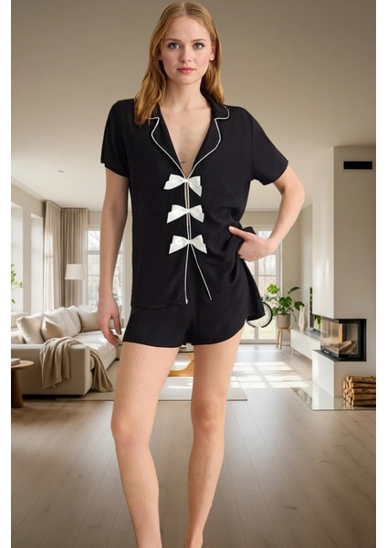Rahat Yazlık Pijama Takımı Viskoz Kurdele Detaylı Şortlu Kaliteli Işçilik Özenle Seçilmiş fiyatları