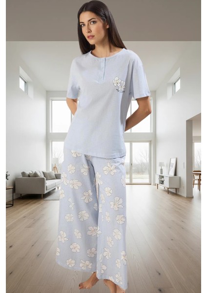 Pamuklu Örme Pijama Takımı Çiçek Desenli Rahat Kalıp Günlük Kullanım Için Özenle Seçilmiş