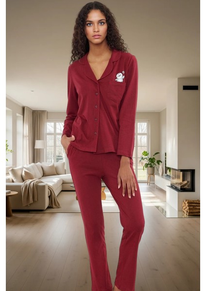 Rahat ve Şık %100 Pamuklu Pijama Takımı Penguen Desenli Görünüm Günlük Kullanım Için