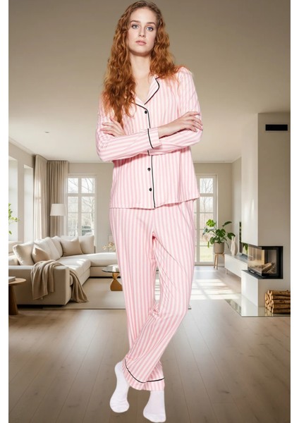 Şık ve Rahat Çizgili Pijama Takımı Polyester Elastan Karışımı Uzun Ömürlü Trend Tasarım fiyatları