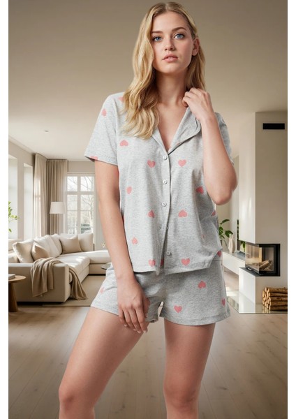 Kısa Kollu Pamuklu Pijama Takımı Kalpli Desenli Regular Kalıp Yazlık Ev Giyim Özenle Seçilmiş