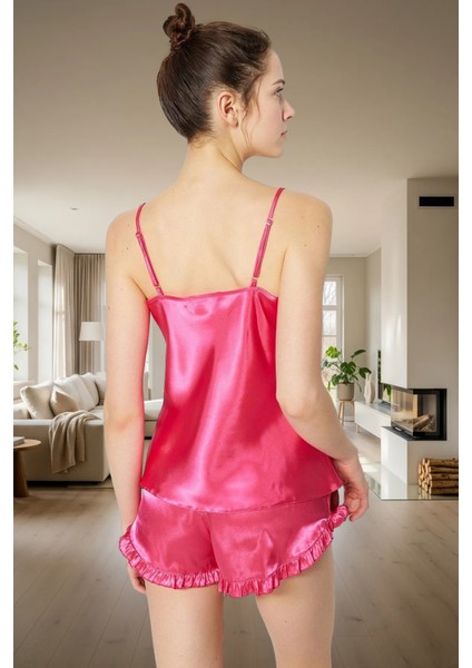 Rahat Yazlık Pijama Takımı Saten Şortlu Fırfırlı Kolsuz 100% Polyester Dayanıklı Malzeme modelleri