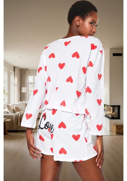 Pamuklu Ipliği Boyalı Kalpli Pijama Takımı Rahat ve Şık Homewear Özel Tasarım