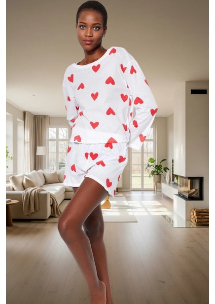 Pamuklu Ipliği Boyalı Kalpli Pijama Takımı Rahat ve Şık Homewear Özel Tasarım fiyatları