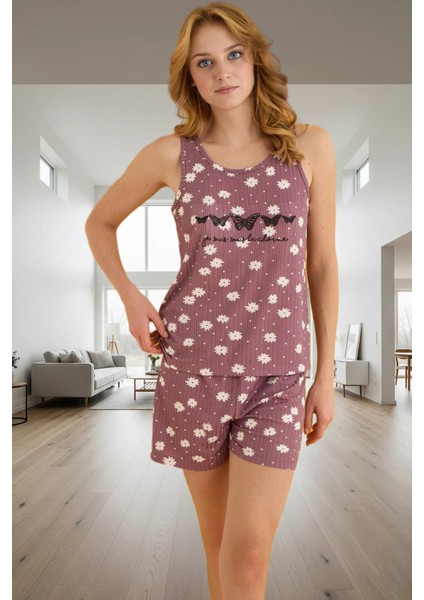 Yazlık 2'li Pijama Takımı Çiçekli Kaşkorse Atlet ve Şort Kaliteli Işçilik Seçkin Malzeme