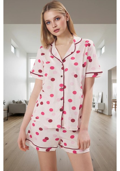 Pamuklu Örme Pijama Takımı Puantiyeli Desen Kısa Kollu Regular Kalıp Mükemmel Uyum Özel Tasarım