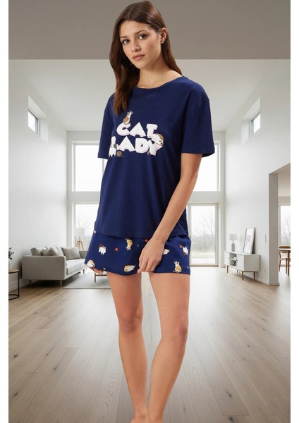 Yazlık %100 Pamuklu Rahat Pijama Takımı Kedili Desenli Şortlu Kaliteli Işçilik Zarifane Tasarım modelleri