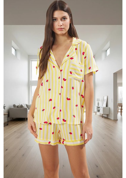 Çizgili Çilek Desenli Viskoz Şortlu Pijama Takımı Yazlık Regular Profesyonel Görünüm fiyatları