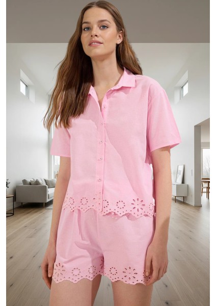 Yazlık Iki Parçalı Pamuk Pijama Takımı Brodeli Detaylı Rahat Şort Seçkin Malzeme Yüksek Kalite fiyatları