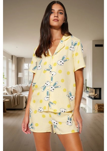 Rahat Viskon Pijama Tavşan Desenli Kısa Kollu Regular Kalıp Premium Kalite Uzun Ömürlü