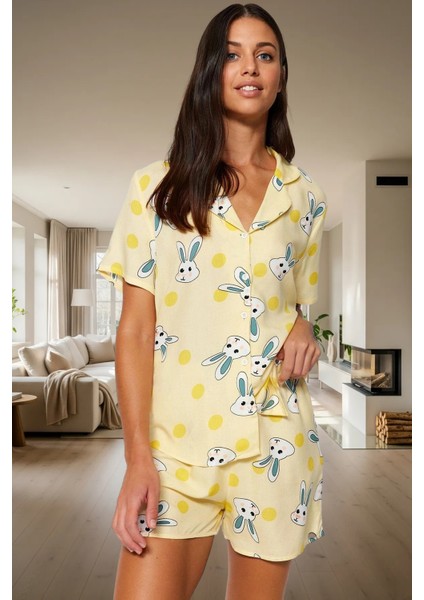 Rahat Viskon Pijama Tavşan Desenli Kısa Kollu Regular Kalıp Premium Kalite Uzun Ömürlü fiyatları