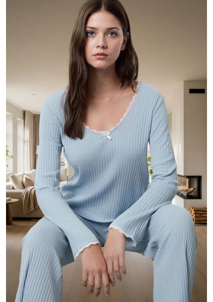 Örme Pijama Takımı V Yaka Geniş Paça Rahat Kalıp Uzun Ömürlü Mükemmel Uyum