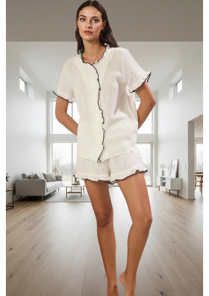 Yazlık Pamuklu Pijama Takımı Müslin Kumaş Regular Kalıp Boru Paça Şort Şık Görünüm Rahat ve fiyatları